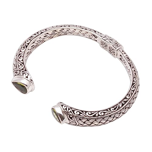Novica Handmade Peridot Cuff Bracelet Weave Pattern From Bali .925 Sterling Silver Indonesia Gemstone [5.75 In L (End To End) X 0.3 In W] 'Woven Drops' #TOP3
