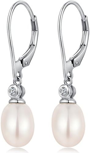 Miaofu Pearl Earrings 18K White Gold Plated 925 Sterling Silver Pearl Earrings Hypoallergenic Pearl Drop Earrings with Cubic Zirconia Pearl Dangle Earrings Size 8mm-13mm Fine Jewelry for Women Ladies