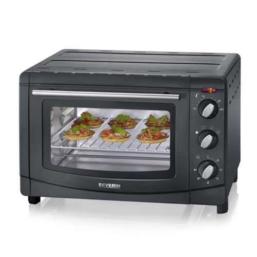 SEVERIN Horno tostador con 4 posiciones, mini horno eléctrico de calentamiento rápido, horno pequeño para pizzas, asados, pasteles y más, 1500 W, 20 L, negro, TO 2067