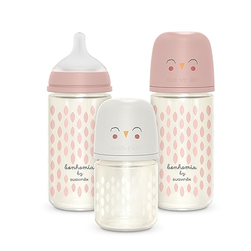 Image of Suavinex Bonhomia Glass Baby Bottle with SX PRO Silicone Nipple, Anti Colic Baby Bottles, Baby Bottles for Breastfed Babies, 3 Pack, Pink/Beige