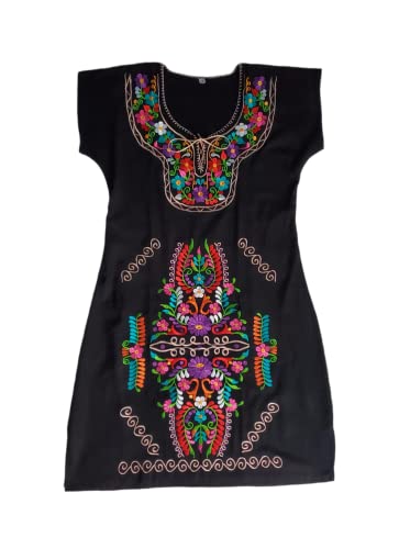 Mexican Embroidered Dress From Mexico Womens Vestidos Bordados Mexicanos Huipil Black Colorful Dress Vestidos Mexicanos Long Traditional Bordados Flower Dress Short Sleeve (M, Black And Colors) #TOP1
