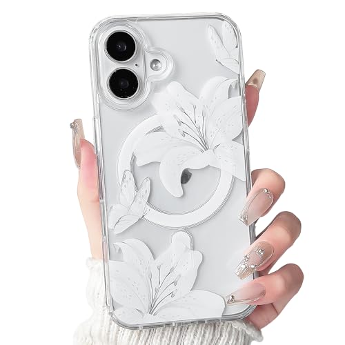 NITITOP Compatible for iPhone 17 Case Clear Magnetic Compatible with MagSafe Cute Lily Flowers Floral for Women Girls Hard PC Back Shockproof Protective Phone Cover - White
