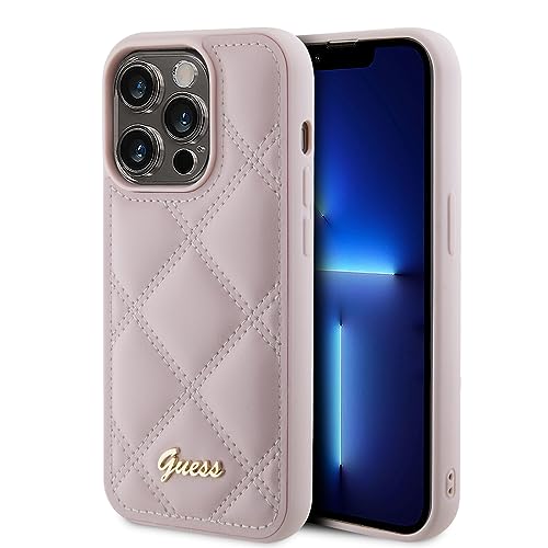 Guess GUHCP15LPSQSQSP Coque Rigide pour iPhone 15 Pro 6,1" Rose avec Logo en métal matelassé