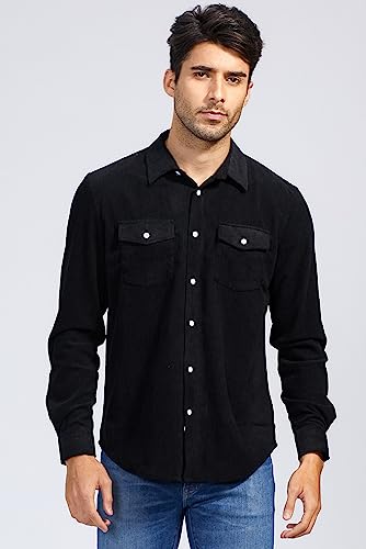 Jmierr Men's Corduroy Button-Down Shirts Casual Long Sleeve Fall Shacket Jacket With Flap Pocket For Men,Us 40(M),A2 Black #TOP7