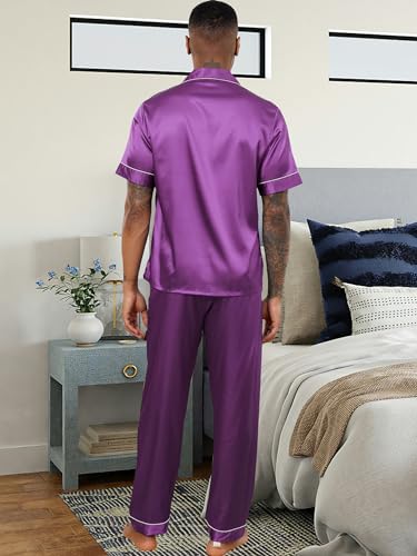 Mens Silk Satin Pajamas Set 2 Piece Classic Pjs Sets Short Sleeve Button Up & Pajama Pants Loungewear Sets3