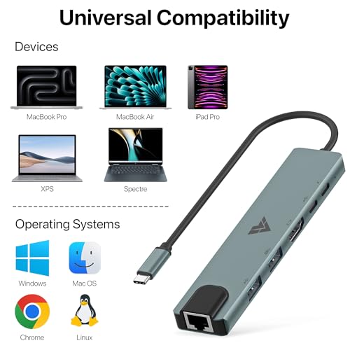 Image of 6-in-1 USB C Hub Multiport Adapter with 4K HDMI 2 x USB 3.0 /2.0 Ports Type-C 100W PD Charging Data Transfer Speed Upto 5GBPS Ethernet Compatible with MacBook, iPad, Dell, HP, Chromebook, Lenovo & More