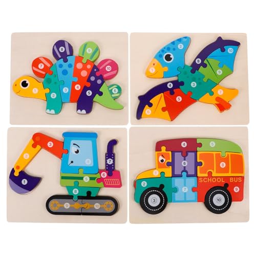 POPETPOP Holz Kinderpuzzle 4 Stück mit Cartoon Motiven Pädagogisches Kinderspielzeug aus Sicherem Holz Farbiges Steckpuzzle für Motorik und Kreativität bei Kleinkindern