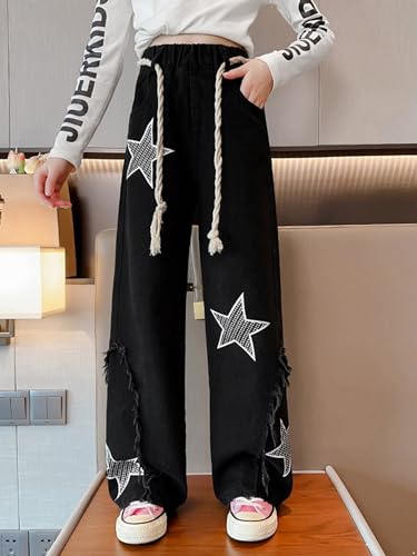 Kids Girls Baggy Jeans Print Star Summer Casual Wide Leg Denim Pants Jeans Trousers2