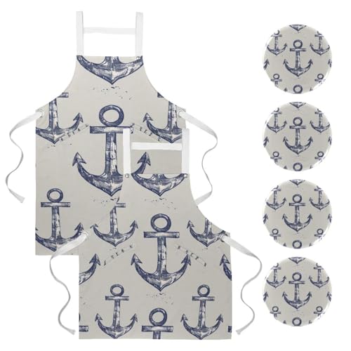 Tabliers de cuisine ancre grise lot de 2 avec poches pour homme et femme