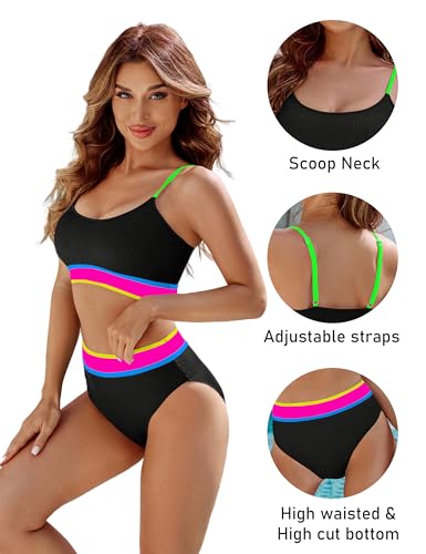 Image of BMJL Women's High Waisted Bikini Ribbed Two Piece Swimsuit High Cut Color Block Adjustable Straps Bathing Suit