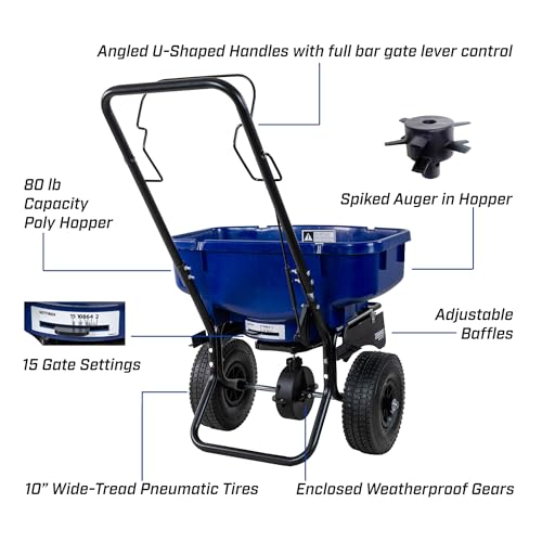 Image of CHAPIN 80 lb Salt Spreader, Precision Control for Winter Use | Rain and snow cover included; adjustable side baffles and gate control help direct material where needed