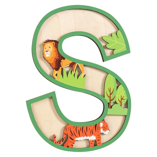 Wepagview Safari Nursery Wooden Letters for Wall Decor, 11.8 Inch 3D Layered Lion Tiger Wood Alphabet Letter S, Woodland Animal Baby Name Sign for Kids Room Wall Art Birthday Rustic Home Decorations