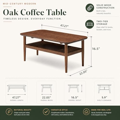 Image of Solid Oak End Table Wood Coffee Table, Modern Simple Style, Double-Layer, Rectangular, Natural Oak, Storage, for Small Spaces (Walnut,47.2 inch x 22.0 inch x 16.5 inch)