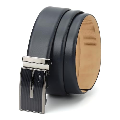 Men's Genuine Leather Belt - Navy Blue Auto-Lock Buckle Business & Casual Formal Belt Wrinkle Free