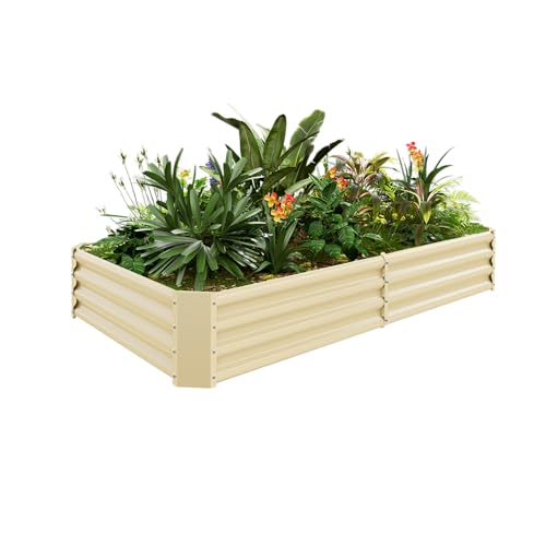 Land Guard 6×3×1ft Galvanized Metal Raised Garden Bed, Metal Planter Kit Box Outdoor for Deep-Rooted Vegetables, Flowers, Green and Herbs (Cream Yellow)…