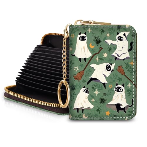 Blusabaca Halloween Spooky Cute Cat Credit Card Holder for Women Witch Magic Small RFID Wallet Zipper Keychain Wallet Leather Card Case RFID Blocking Accordion Wallet Holiday Gift