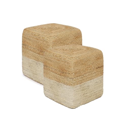 REDEARTH · Cube Pouf Ottoman - Braided Pouffe Accent Sitting Square Footrest for Living Room, Bedroom, Nursery, kidsroom, Patio, Gym; 100% Jute Set of 2 (14.5"x14.5"x16"; Natural Ivory)