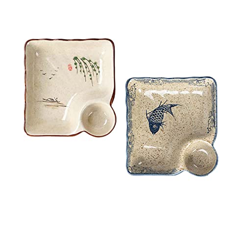 FYUEROPA Ceramic Dumpling Plate, Sushi Dish, Set of 2 (Fish Pattern), 7.5 Inch