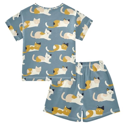 ALAZA Lovely Blue Cat Kitten Pajamas Set Short Sleeve Cotton Sleepwear Summer Pjs 2 Piece 5-14Y2
