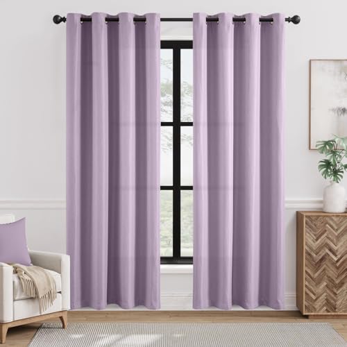 jinchan Linen Textured Room Darkening Curtain 90 Inches Long for Living Room Lilac Thermal Insulated Grommet Top Window Drape for Bedroom 1 Panel Lilac