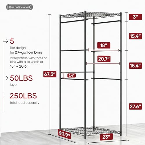 BestOffice 5-Tier Tote Storage Rack 27 Gallon Bins Wire Storage Shelving Unit 250 LBS Metal Rack Organizer for 18"-20.6" Width Bins for Garage Pantry Kitchen Basement, 30.9"x23"x67.3", Black, 2 Pack by BestOffice - Used condition - Image 2