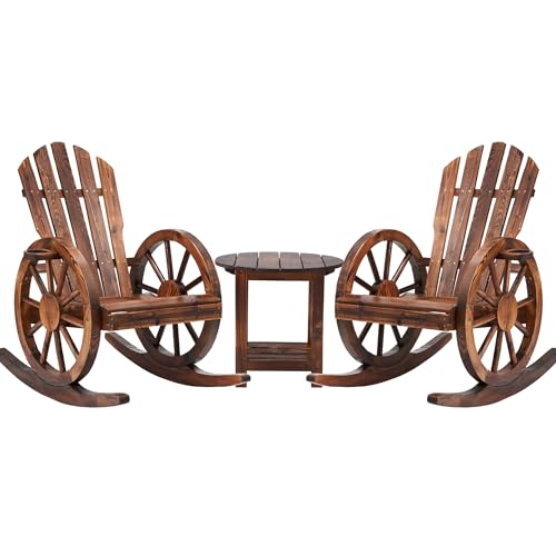 OUTGUAVA 3 Pieces Outdoor Wooden Rocking Chairs Set, Adirondack Rocker Chairs with Table Oversized Patio Rocking Chairs for Porch Lawn Garden Poolside