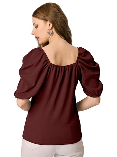 Image of Mehrang Women's Solid Ribbed Crop Tank Top Ribbed Tops for Women V-Neck 3 /4th Balloon Sleeves