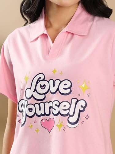 Image of Kvetoo Women Solid Tracksuit Set Cotton Lounge Wear Set Half Sleeve Polo T-Shirt & Straight Pant Casual Travel Outfit