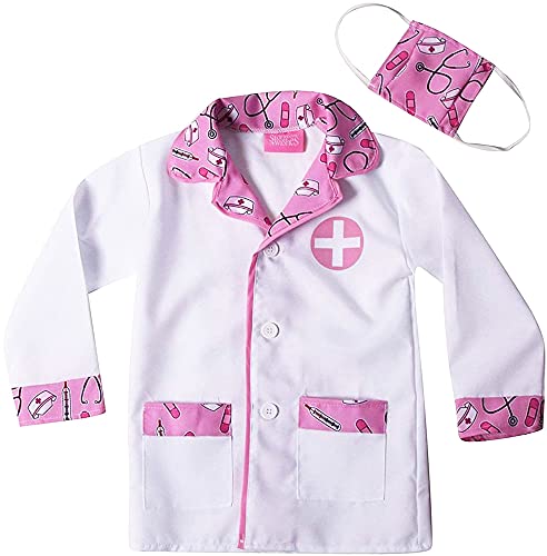 Kids Doctor Coat & Face Mask for Kids Doctor Costume | Doctor Dress Up for Kids | Pink and White - Size 2-4