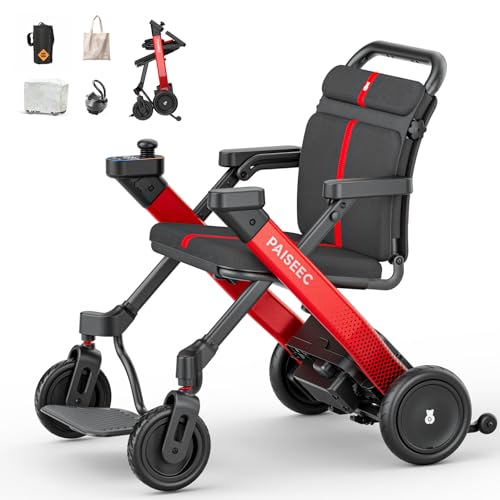 PAISEEC 2-in-1 Foldable Electric Wheelchair for Adults & Seniors, Easy Control and Folding, Lightweight Power Wheelchair Walker Combo, Airline-Approved, 18-Mile Range, Red, Right-Handed