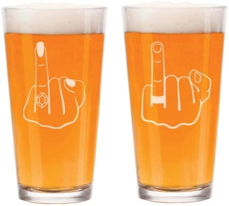 16 oz Beer Pint Glass Gift Set Of 2 Wedding Ring Fingers Mr and Mrs Engagement Wedding Gift Bride Groom