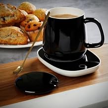 Warm & Cozy Mug Warmer Set - 14 oz Black Ceramic Coffee Cup with Lid, Gold Stir Spoon, Electric Coffee Mug Warmer