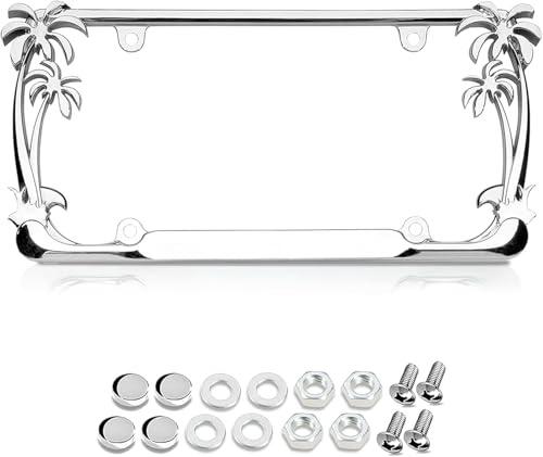Premium 3D Palm Tree Chrome License Plate Frame with 4 Silver Screw Caps Street Legal Universal Fit for Cars & Trucks Heavy Duty Rust-Free Zinc Palm Trees Chrome License Plate Frame for Women & Men
