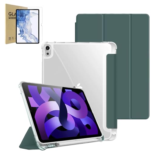 Capa Para iPad Air 4ª/5ª/M2/M3 Geração 10,9/11', Com Suporte a Caneta, Fundo Transparente para DIY/Anti Impacto/Auto Sleep/Premium Resistente Funcional (Verde, Com Película de Vidro)