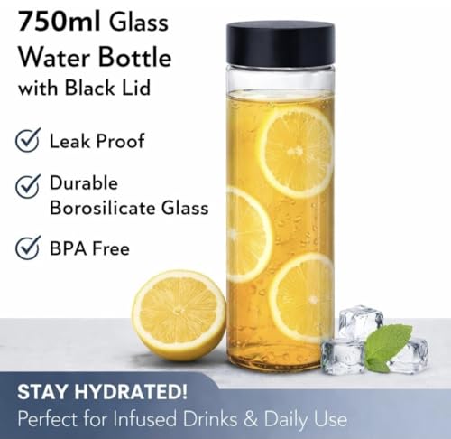Image of Glass Bottles Wide Mouth Glass Water Bottle with Leak-Proof Airtight black plastic Lid for Water, With Black plastic long Cap - 750ml (pake of 1)