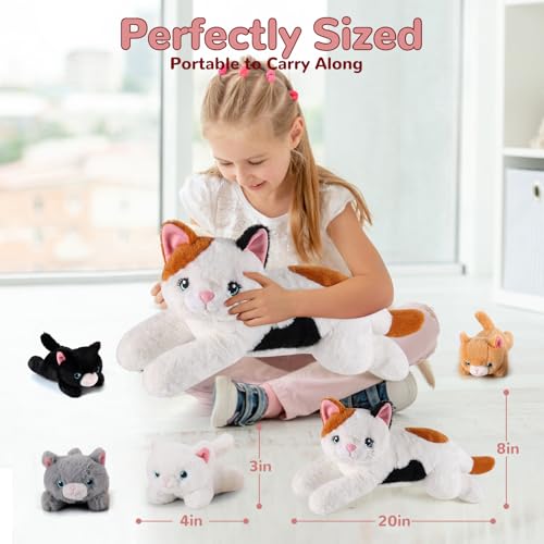Image of 5 Pieces Cat Stuffed Animals with Babies Inside Belly - 1 Mommy Stuffed Cat with 4 Kittens - Stuffed Kitty Plush Toys for Kids Age 3-8, Gifts Ideal for Christmas, Valentine's, Birthday