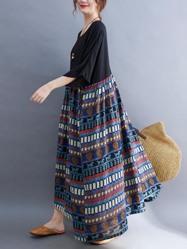 Image of Women's Oversized Dress Plus Size Summer Dress Artsy Print Pathwork | Loose, Oversized Cut Baggy Dresses. O Neck with Pockets. Breathable Viscose Fabric for Summer. Colorful Print Patchwork