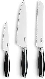 Kuppels Chef Küchenmesser Set 3-teilig | Allzweckmesser, Kochmesser & Brotmesser mit Wellenschliff | Schwarze Griffe | Messerset für die Küche