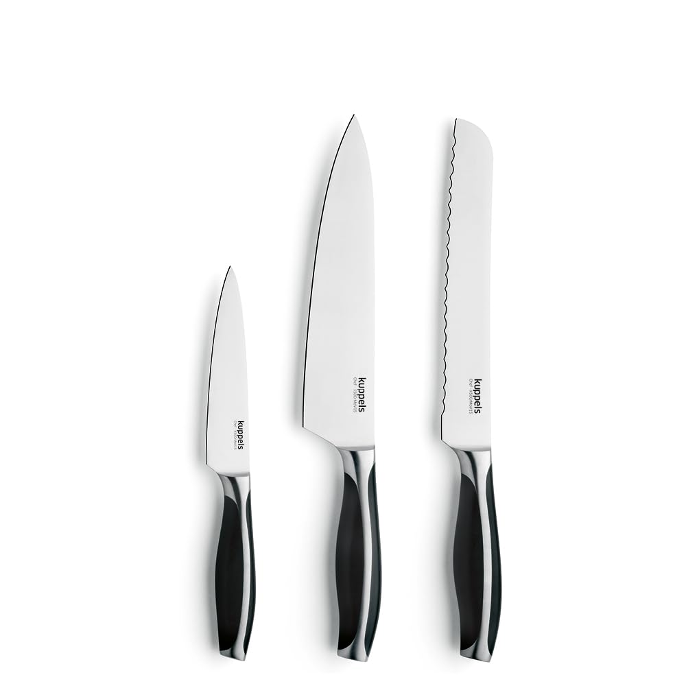 Kuppels Küchenmesser-Set 3-tlg., Kochmesser, Brotmesser, Allzweckmesser | Schwarze ABS-Griffe und hochwertiger MoV-Stahl 50CrMoV15 sorgen für optimale Balance, Griffigkeit und Langlebigkeit