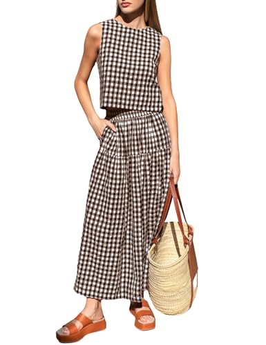 QIBABU Womens Gingham 2 Piece Outfits Casual Sleeveless Crop Top and High Waisted Tiered Skirt Plaid Sets Summer Dressy(2272-Coffee-M-QB)