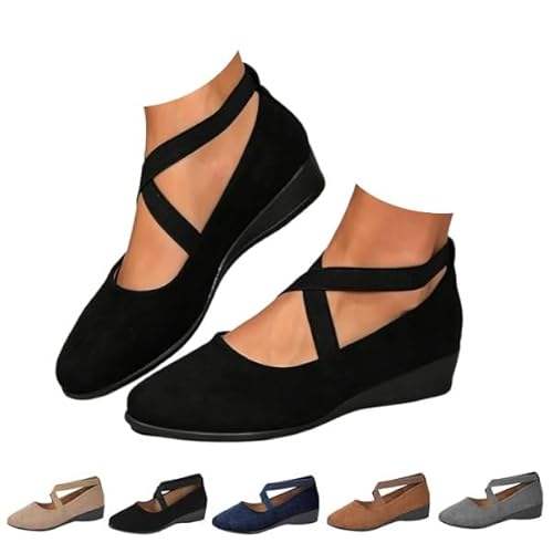 Women's Comfy Elastic Crisscross Strap Wedge Shoes Ballet Flats Toe Low Wedge Heel Slip on Non-Slip Casual Shoes (Black,25.5 cm)