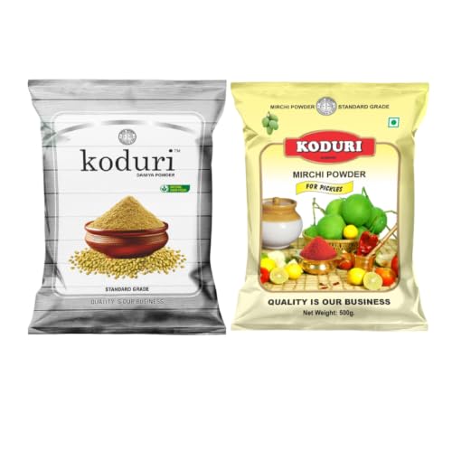 Image of KODURI Coriander Powder & Pickle Chilli Powder Combo | Dhaniya and Aachar Mirch Powder | Dhania & Pachadi Kaaram | Finely Ground Spices - No Added Flavours, Colors or Preservatives - 1000 gm