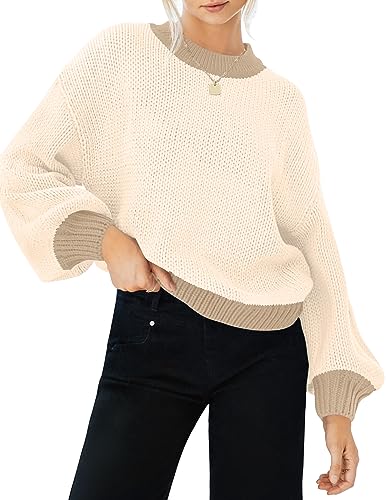 ZESICA Women's Casual Long Sleeve Crew Neck Pullover 2025 Fall Ribbed Knit Loose Contrast Color Sweater Tops