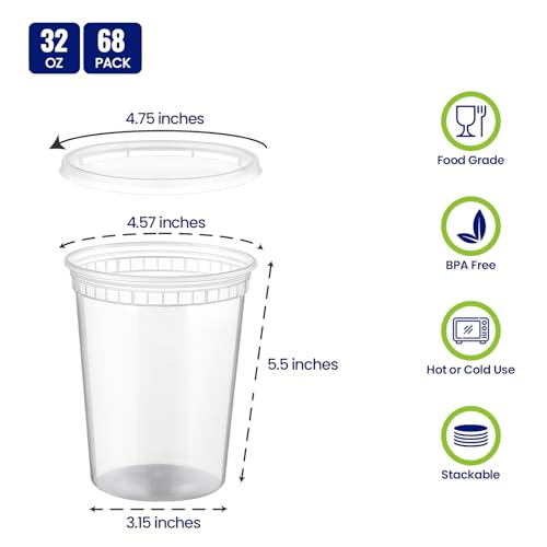 Image of AOZITA 68 Sets 32 oz Plastic Deli Containers With Lids, Airtight Food Storage Containers, Freezer /Dishwasher /Microwave Safe, Takeout Meal Prep Storage