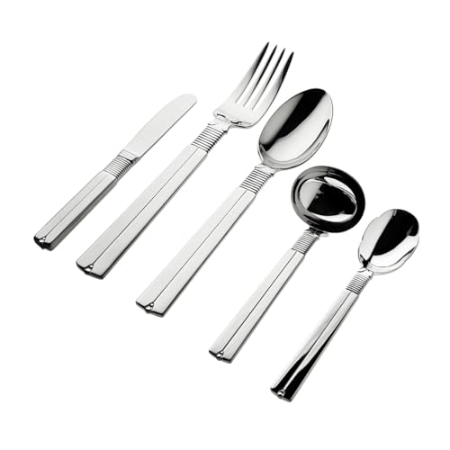 Ricci Argentieri Artisan Flatware Set, 18/10 Stainless Steel Flatware with Serving Spoon, Gravy Ladle, Serving Fork, Butter Knife and Serving Spoon, 5 Piece Set