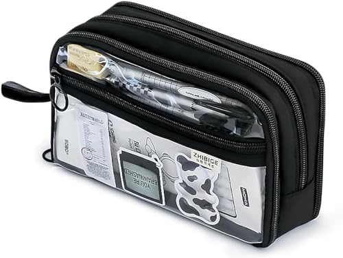 筆箱 ふでばこ 透明 両面開き いたペンケース 大容量 おしゃれ シンプル 筆入れ 持ち運び 小物入れ 収納ケース 小学生 中学生 高校生 男の子 女の子 オフィス‐ (ブラック)