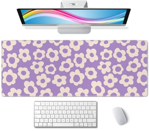Alfombrilla de mouse grande para juegos con bordes cosidos, alfombrilla de escritorio vintage con flores moradas, almohadilla de teclado extendida, base de goma antideslizante para teclado y mouse,