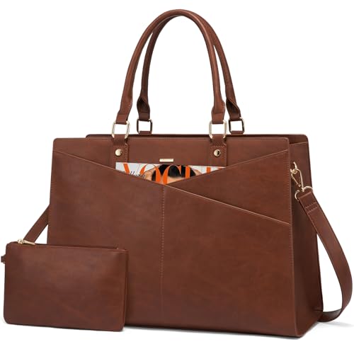 LOVEVOOK Laptop Tote Bag for Women, Leather Business Office Work Bag Computer Briefcase with Small Clutch fit for 15.6 Inch Laptop Retro Brown