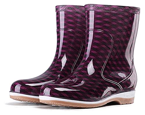 AMDHZ Frauen Regenstiefel Damen Überprüfte Regenschuhe Gartenschuhe Tragensbeständige wasserdichte rutschfeste Kurze Röhre Regenstiefel Gartenstiefel (Color : Purple Diamond Lattice, Size : 38 EU) Cover