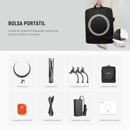 NEEWER 19" Anillo de Luz LED RGB con Soporte, 3 Soportes para Teléfono, Panel Táctil, 2.4G/App Control, 42W CRI97+ 2800lux/0.5m 360° Hue Regulable Iluminación para Transmisión en Vivo Zoom, RP19C - imagen 8